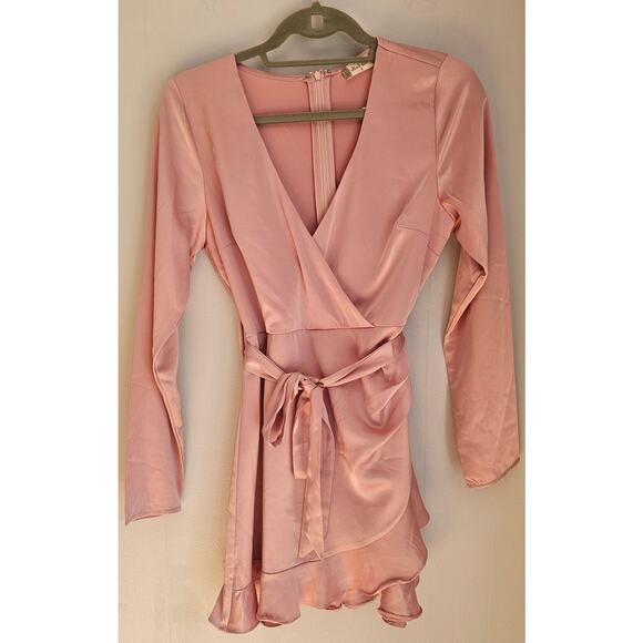 Altar'd State Pink Wrap Mini Dress/Romper, Built in Shorts, Silky, Tie Belt Sz S - Picture 1 of 9